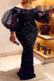 Black Elegant Solid Color Sequins Patchwork Mesh Off Shoulder Dresses