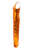 Tangerine Red Sexy Solid Color Patchwork High Slit Oblique Collar Long Dresses