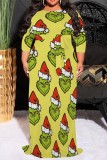 Orange Red Casual Cartoon Print Belted O Neck Long Plus Size Dresses