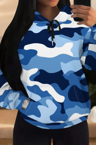 Blue Casual Camouflage Print Draw String Pocket Patchwork Hooded Tops