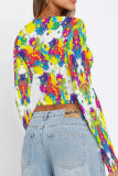 Green Yellow Casual Street Splashed ink printing Contrast O Neck Tops