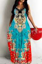 Red Blue Sexy Casual Print Backless Spaghetti Strap Long Dresses