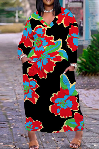 Black Red Casual Floral Print Basic V Neck Long Plus Size Dresses