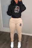 Khaki Casual Print Draw String Pocket Patchwork Hooded Long Sleeve Two Pieces