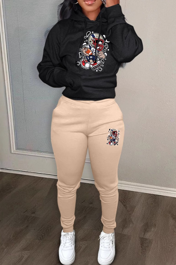 Khaki Casual Print Draw String Pocket Patchwork Hooded Long Sleeve Two Pieces
