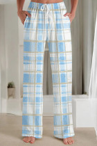 Blue White Casual Print Draw String Pocket Patchwork Loose Mid Waist Straight Full Print Bottoms