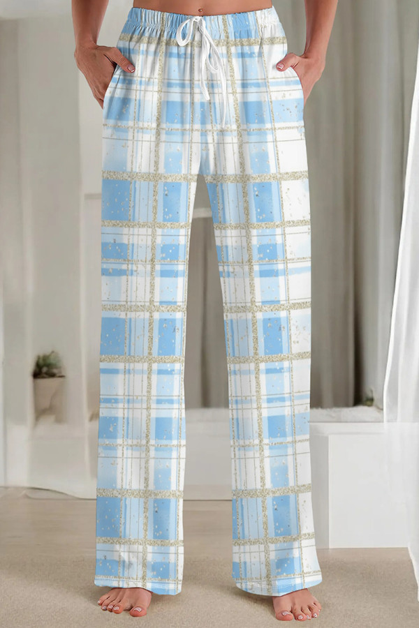 Blue White Casual Print Draw String Pocket Patchwork Loose Mid Waist Straight Full Print Bottoms