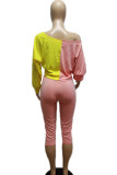 Pink Yellow Casual Draw String Patchwork Contrast Oblique Collar Long Sleeve Two Pieces