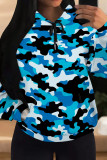 Blue Casual Camouflage Print Draw String Pocket Patchwork Hooded Tops