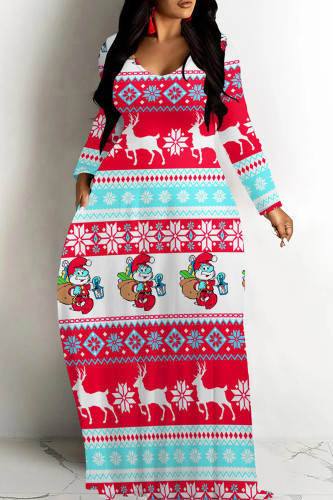 Red Blue Casual Print Basic V Neck Long Dresses