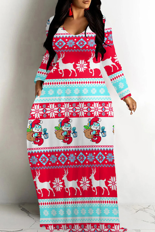 Red Blue Casual Print Basic V Neck Long Dresses