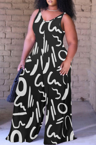 Black Casual Print Backless Spaghetti Strap Plus Size Jumpsuits (With Headscarf)