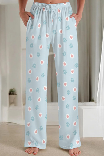 Baby Blue Casual Print Draw String Pocket Patchwork Loose Mid Waist Straight Full Print Bottoms