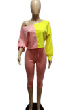 Pink Yellow Casual Draw String Patchwork Contrast Oblique Collar Long Sleeve Two Pieces