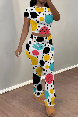 Multicolor Casual Street Camouflage Print Polka Dot Contrast O Neck Short Sleeve Two Pieces