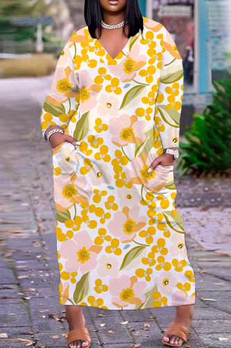 Light Yellow Casual Floral Print Pocket V Neck Long Plus Size Dresses