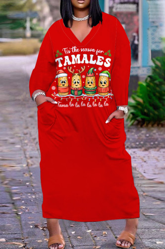 Red Casual Print Pocket V Neck Long Plus Size Dresses