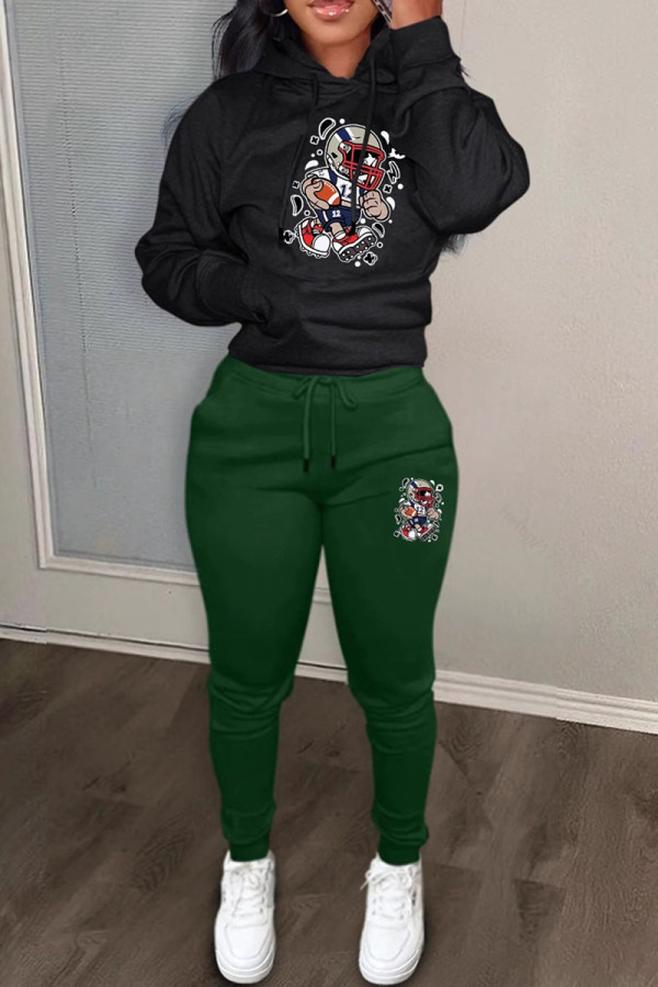 Black Green Casual Print Draw String Pocket Patchwork Hooded Long Sleeve Two Pieces
