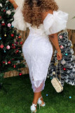 White Elegant Solid Color Patchwork Backless Slit Mesh V Neck Long Dresses