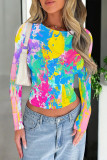 Green Yellow Casual Street Splashed ink printing Contrast O Neck Tops
