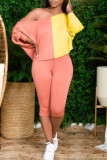 Pink Yellow Casual Draw String Patchwork Contrast Oblique Collar Long Sleeve Two Pieces