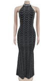 Black Elegant Solid Color Patchwork Hot Drill Zipper O Neck Long Dresses