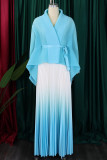Royal Blue Casual Gradient Patchwork Strap Design Cardigan Collar Long Sleeve Two Pieces