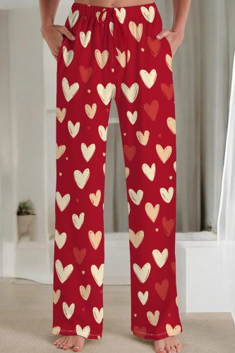 Red Casual Print Pocket Patchwork Loose Mid Waist Conventional Full Print Bottoms