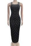 Black Elegant Solid Color Patchwork Hot Drill Zipper U Neck Long Dresses
