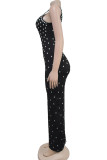 Black Elegant Solid Color Patchwork Hot Drill Zipper U Neck Long Dresses