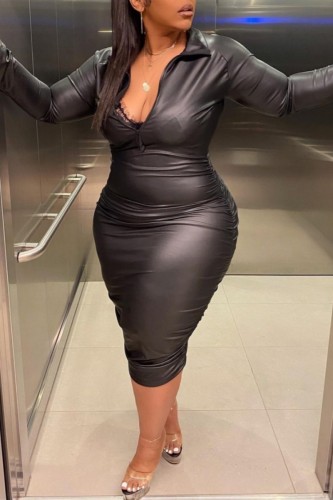 Black Sexy Hot Solid Color Ruched Zipper Collar Long Sleeve Plus Size Dresses