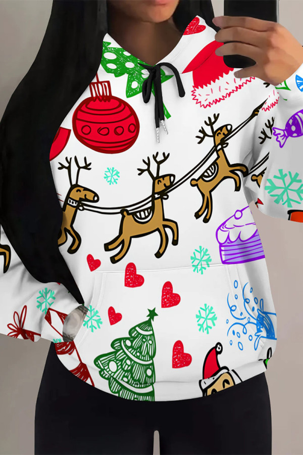 White Casual Party Wapiti Santa Claus Print Candy Draw String Pocket Hooded Tops
