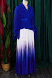 Royal Blue Casual Gradient Patchwork Strap Design Cardigan Collar Long Sleeve Two Pieces