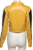 Yellow Casual Letters Patchwork Zipper Contrast Zipper Collar Outerwear