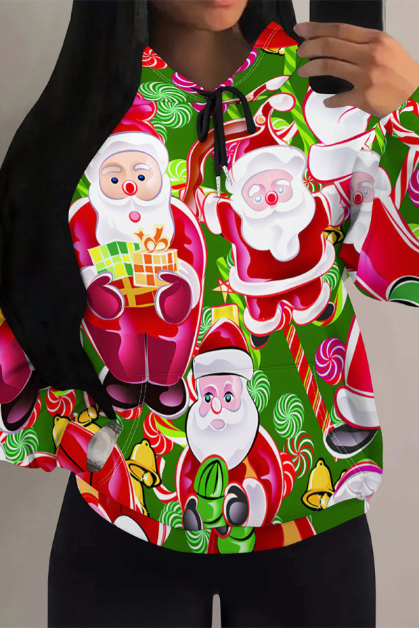 Green Casual Party Wapiti Santa Claus Print Candy Draw String Pocket Hooded Tops