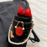 Black Casual Daily Bow Patchwork Pearls Decor Zipper Bags