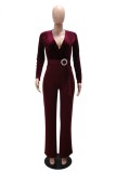Burgundy Sexy Elegant Solid Color Patchwork Hot Drill V Neck Bodycon Jumpsuits