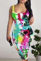 Multi-color Casual Print Basic U Neck Vest Dresses