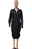 Black Sexy Hot Solid Color Ruched Zipper Collar Long Sleeve Plus Size Dresses