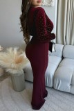 Burgundy Sexy Elegant Solid Color Patchwork Hot Drill V Neck Bodycon Jumpsuits