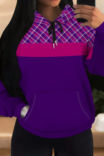 Purple Casual Print Draw String Pocket Patchwork Hooded Tops