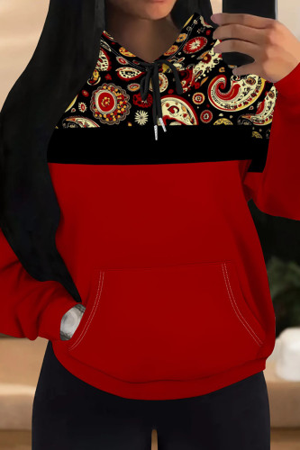 Red Casual Print Draw String Pocket Patchwork Hooded Tops