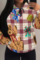 Khaki Casual Party Wapiti Santa Claus Print Candy Draw String Pocket Hooded Tops