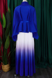 Royal Blue Casual Gradient Patchwork Strap Design Cardigan Collar Long Sleeve Two Pieces