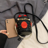 Black Casual Daily Bow Patchwork Pearls Decor Zipper Bags