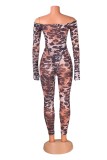 Leopard Print Sexy Hot Leopard Print Backless Off Shoulder Long Sleeve Two Pieces