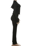 Black Casual Solid Color Patchwork Zipper Zipper Collar Long Sleeve Two Pieces