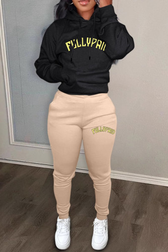 Khaki Casual Letters Draw String Pocket Patchwork Hooded Long Sleeve Two Pieces