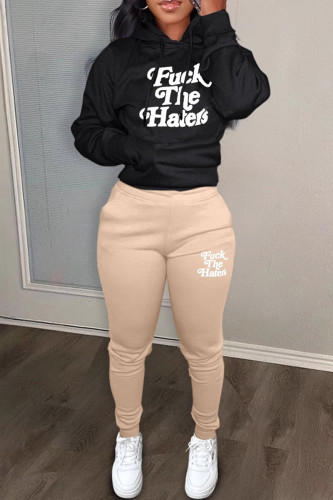 Khaki Casual Letters Pocket Patchwork Hooded Long Sleeve Two Pieces