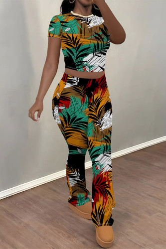 Green Casual Flowers Print Contrast O Neck Sleeveless Two Pieces